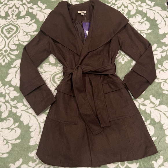 NWT Dark Brown Faux Wool Wrap-Tie Coat - Picture 5 of 13